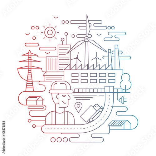 Industrial plant with a worker - line design illustration