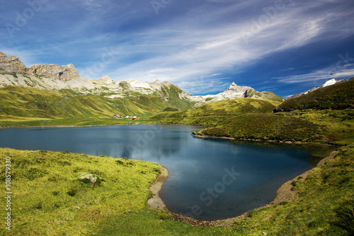 View to Tannesee and Swiss Alps panorama from Melchsee Frutt, Switzerland, Europe