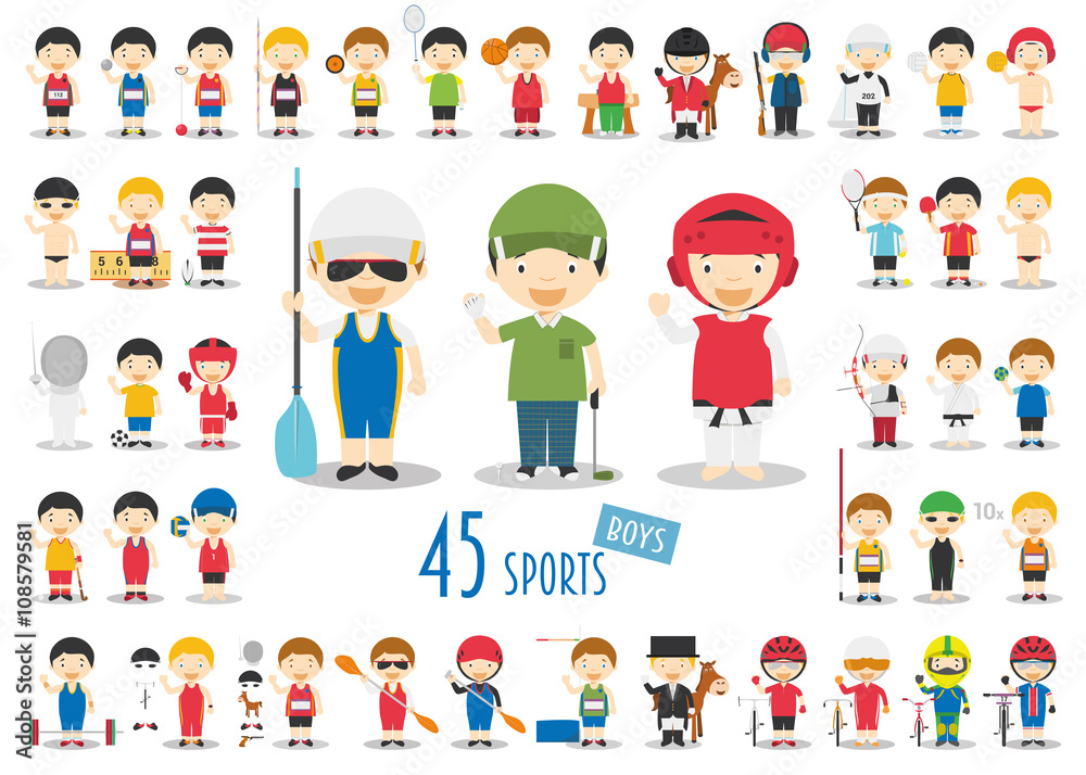Big Set of 45 cute cartoon sport characters for kids. Funny cartoon boys. Olympics Sports vector illustrations