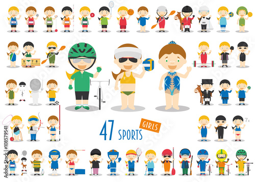 Big Set of 47 cute cartoon sport characters for kids. Funny cartoon girls. Olympics Sports vector illustrations