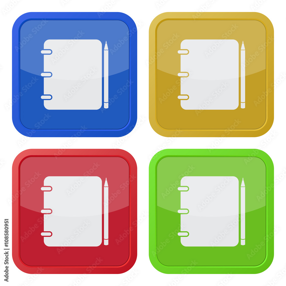 set of four square icons - notepad with pencil set of four square icons - notepad with pencil