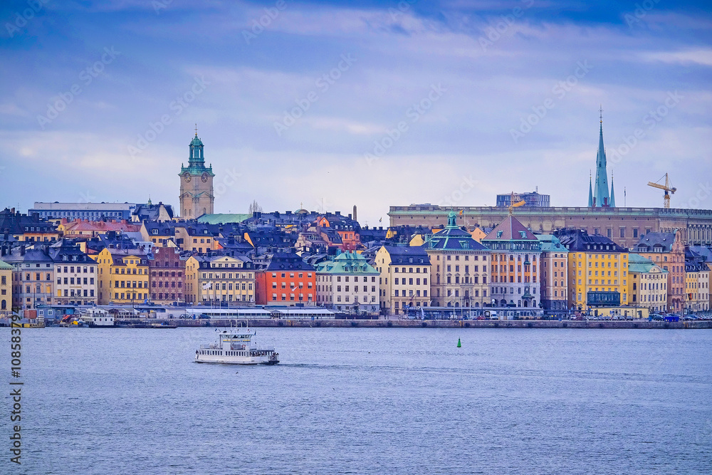 Stockholm, Sweden - March, 16, 2016: panorama of Old Town of Stockholm, Sweden, with the boats on a sea