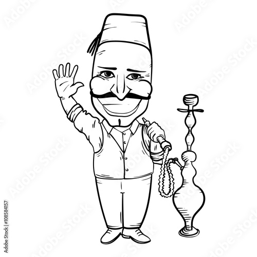 Turkish man with hookah waving hand
