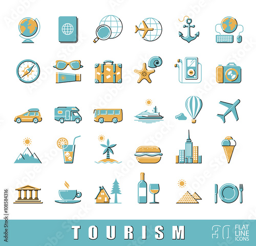 Set of premium quality flat line tourism icons. Collection of icons.for travel, journey, vacation, trips, means of transport. Infographics elements collection. Web graphics.