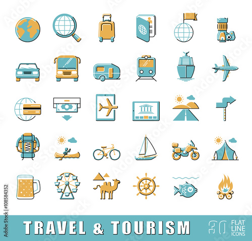 Set of premium quality flat line travel and tourism icons. Collection of icons.for travel, journey, vacation, trips, means of transport. Infographics elements collection. Web graphics.