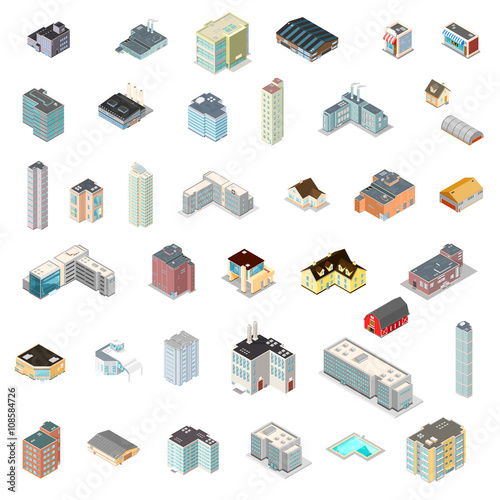 Large Icon set of isometric buildings.
Various vector isometric architecture.