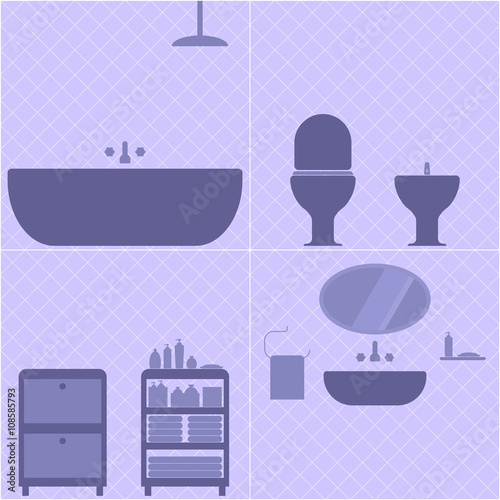 Illustration silhouette set of a bathroom in violet tones include bathtub, shower, toilet, bidet, shelves with towels and soap, washstand with mirror.