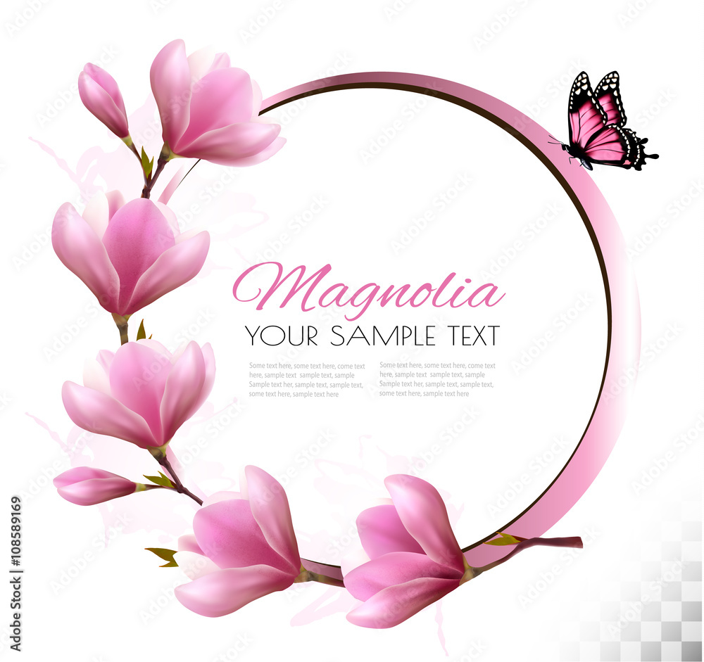 Fototapeta premium Nature background with blossom branch of pink flowers and butter