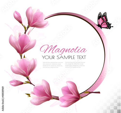 Fototapeta Naklejka Na Ścianę i Meble -  Nature background with blossom branch of pink flowers and butter