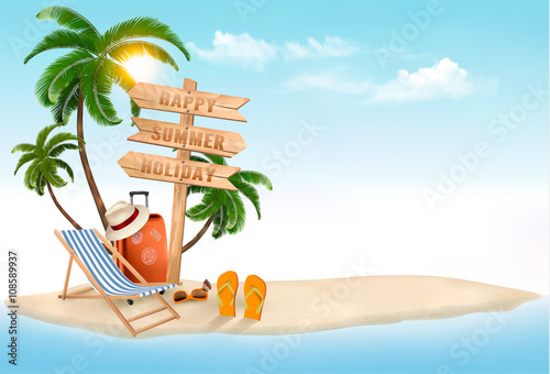 Beach with a palm tree, a direction sign and a beach chair. Summ