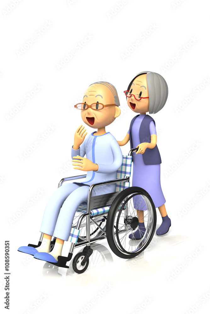 妻に車いすを押してもらう老人