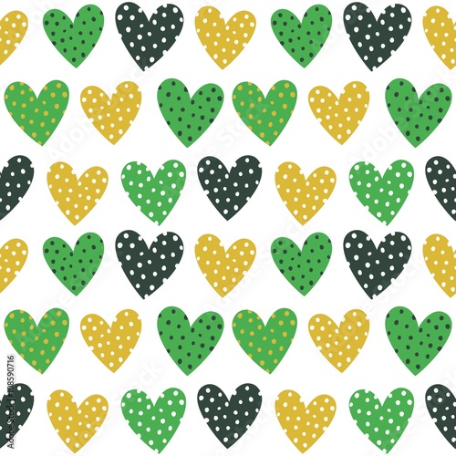 Cute Green and Yellow Hearts With Dots Seamless Pattern