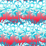 Tropical palm tree with hibiscus flowers and palms seamless patt