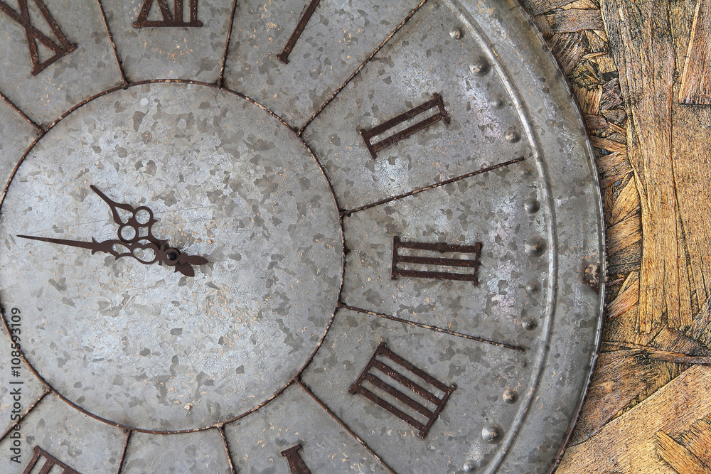 Wall clock old rusty grunge on wooden wall background, (with clipping path) Wall clock old rusty grunge on wooden wall background, (with clipping path)