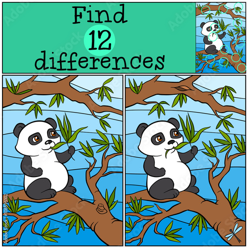 Fototapeta Naklejka Na Ścianę i Meble -  Children games: Find differences. Little cute panda sits on the tree and eats leaves.