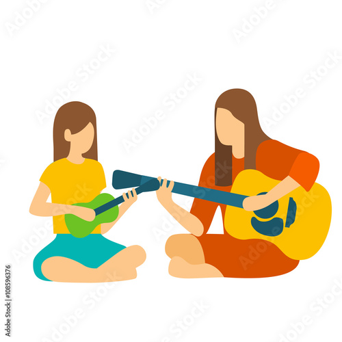 Girl learning to her teacher Play the Guitar.