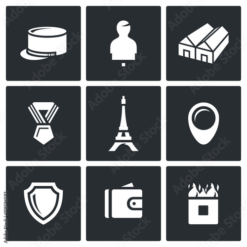 Vector Set of French Legion Icons. Kepi, Target, Barracks, Order, Eiffel Tower, Deployment, Security, Payment, Obstacle.