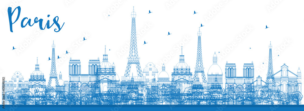 Outline Paris skyline with blue landmarks.