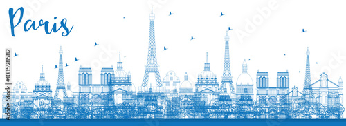 Outline Paris skyline with blue landmarks.