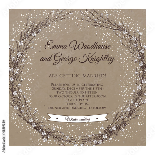 winter wedding invitation card on kraft with hand drawn branch of flax