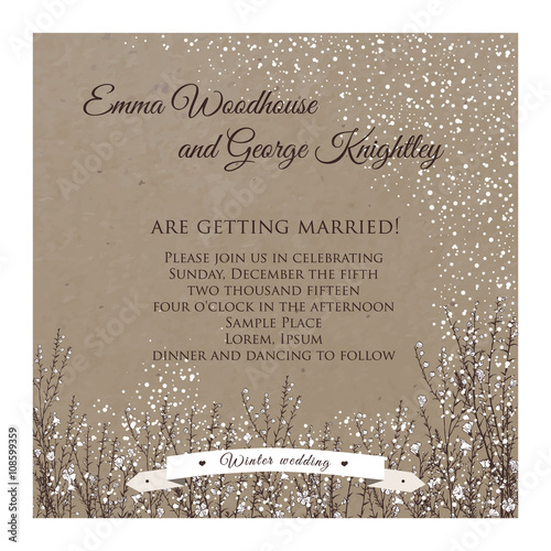 winter wedding invitation card on kraft with hand drawn branch of flax