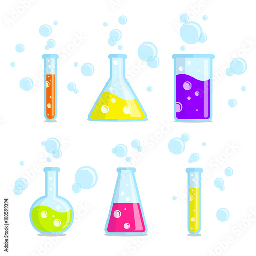 Test tubes, beakers, flasks and bubbles. Vector colorful icons.