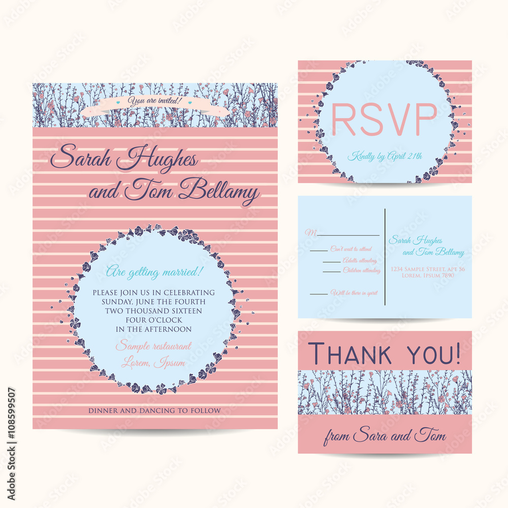 Wedding invitation set with striped background and hand drawn branch of flax Wedding invitation set with striped background and hand drawn branch of flax