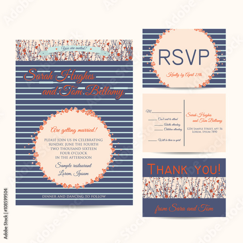 Wedding invitation set with striped background and hand drawn branch of flax