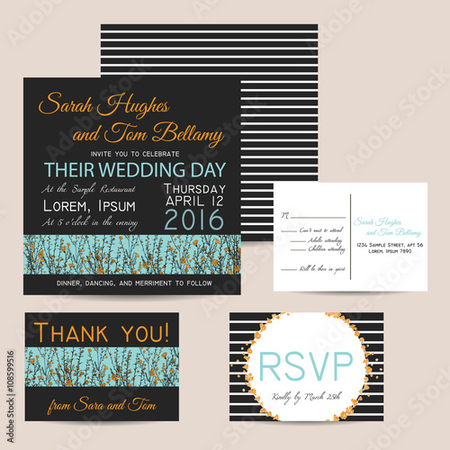 Wedding invitation set with striped background and hand drawn branch of flax