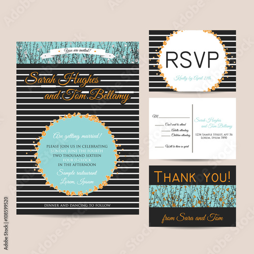 Wedding invitation set with striped background and hand drawn branch of flax