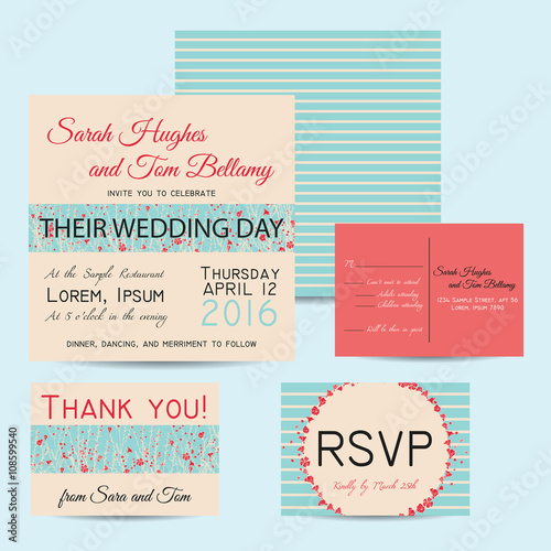 Wedding invitation set with striped background and hand drawn branch of flax