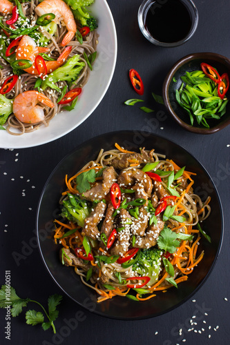 Bowl of soba noodles with beef and vegetables. Asian food.