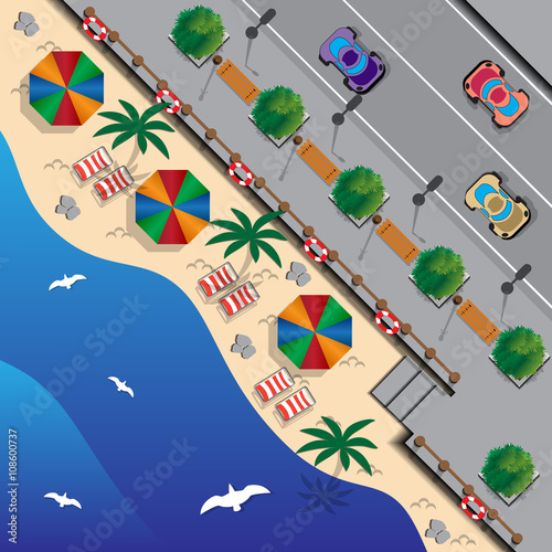 Beach in the city. Umbrellas and lounge chairs on the beachfront. Summer holiday. View from above. Vector illustration.
