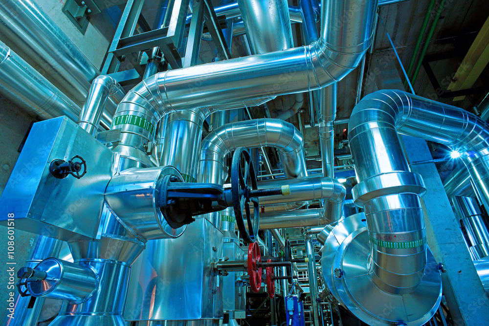 Industrial zone, Steel pipelines, valves and ladders Industrial zone, Steel pipelines, valves and ladders