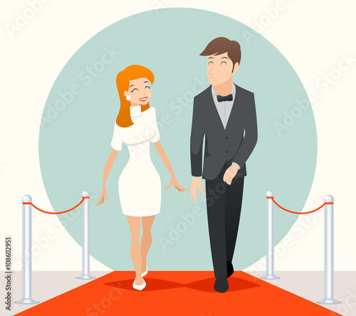 Celebrities couple walking on a red carpet. Vector illustration
