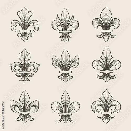 Engraving fleur de lis icons set