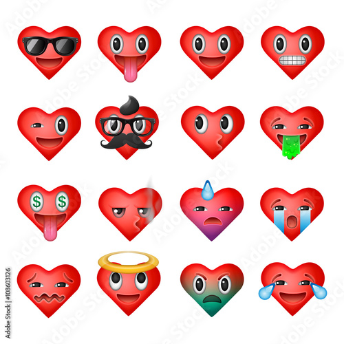Set of heart emoticons, emoji smiley faces