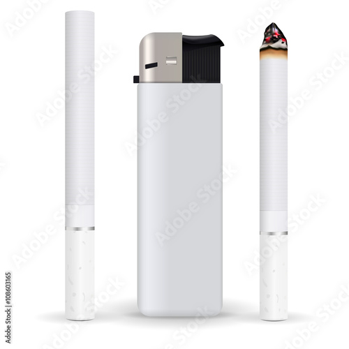 Cigarette, lighter. New and burning cigarette