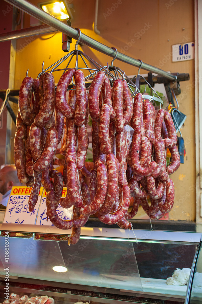 Sausages, open air market in Catania