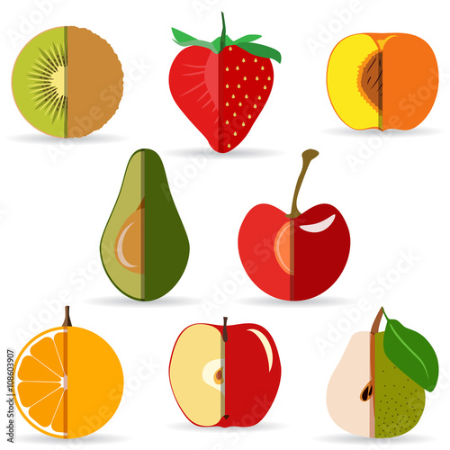 Fototapeta Naklejka Na Ścianę i Meble -  Vector sliced fruit, kiwi, strawberry, peach, cherry, orange, ap