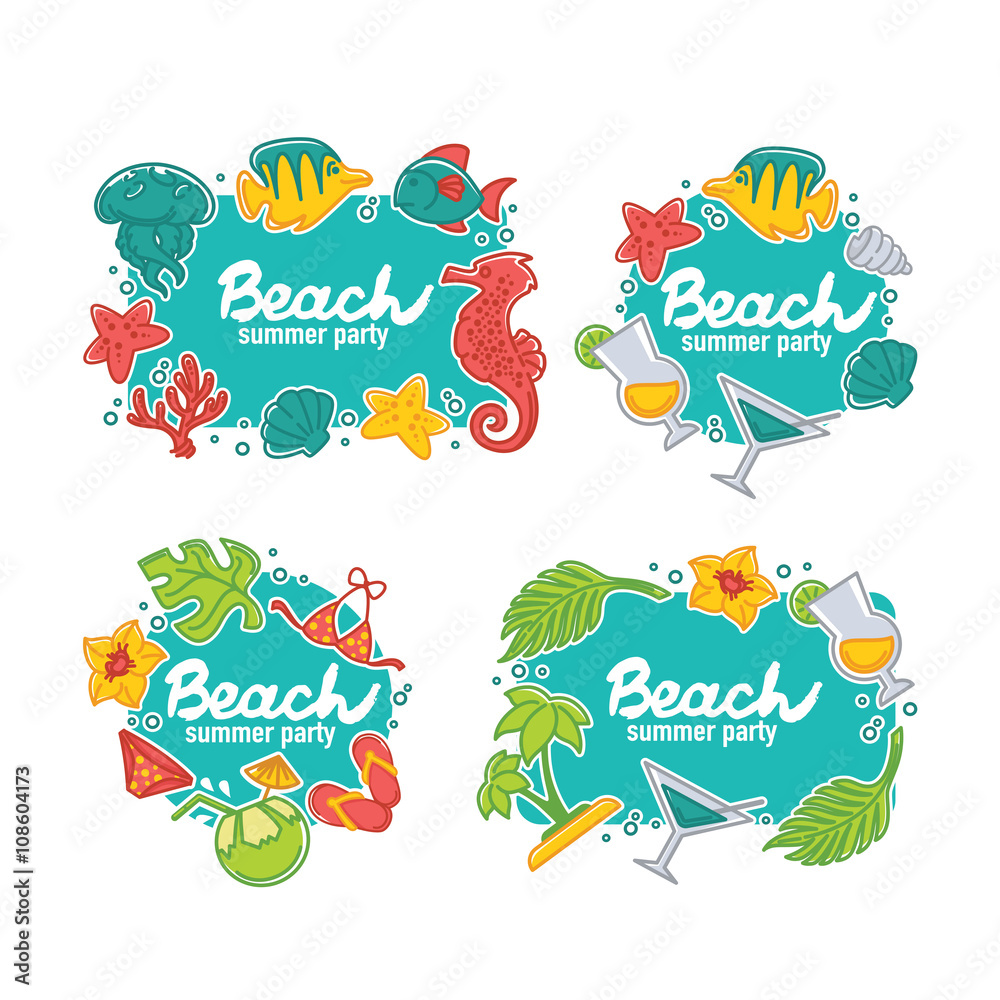 summer time and sea life, stickers, badges and templates