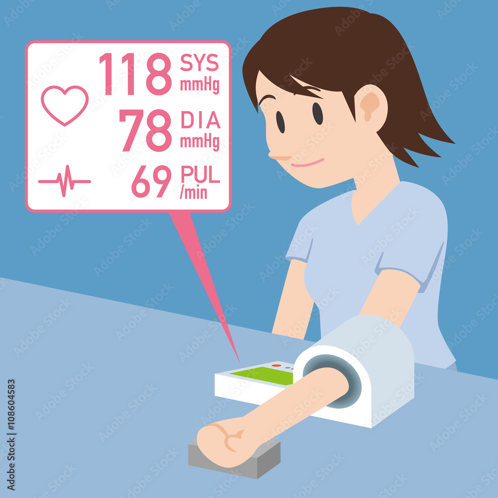 young woman who measures her blood pressure by electric sphygmomanometer, medical and health care, vector illustration young woman who measures her blood pressure by electric sphygmomanometer, medical and health care, vector illustration