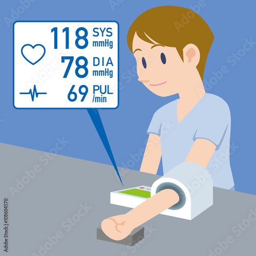 man who measures his blood pressure by electric manometer, medical and health care, vector illustration