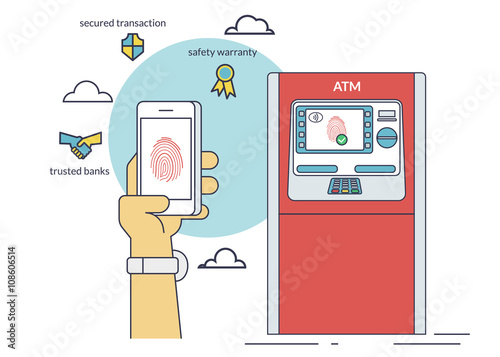 Mobile access to ATM via smartphone using fingerprint identification. Flat line contour illustration of payment via smartphone app