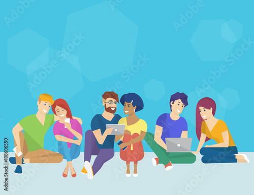 Group of creative people using smartphone  laptop and tablet pc sitting on the floor and talking each other. Flat concept illustration of creative thinking and working with modern electronic devices 