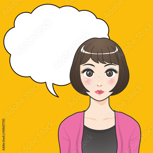 asian woman character with balloon, various pose and expression, cartoon illustration like japanese animation, vector