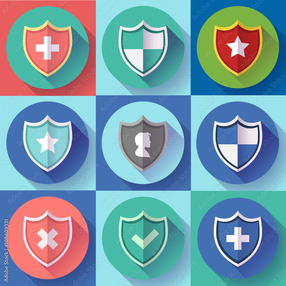 Security shield icon set - protection symbols. Flat design style. Security shield icon set - protection symbols. Flat design style.