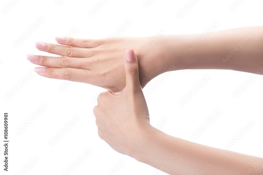 Gesture of a beautiful woman hand washing her hands isolated with clipping path