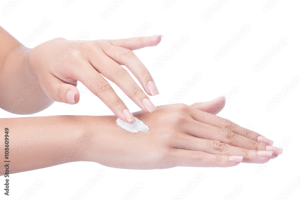 Beautiful young woman hands with cream, isolated on white with clipping path Beautiful young woman hands with cream, isolated on white with clipping path
