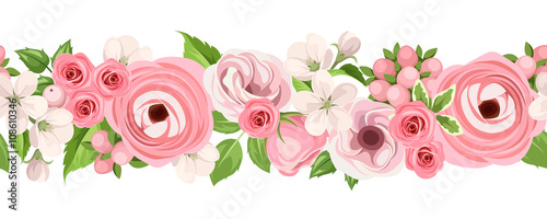Vector horizontal seamless background with pink roses, lisianthuses, ranunculus and apple flowers on a white background.